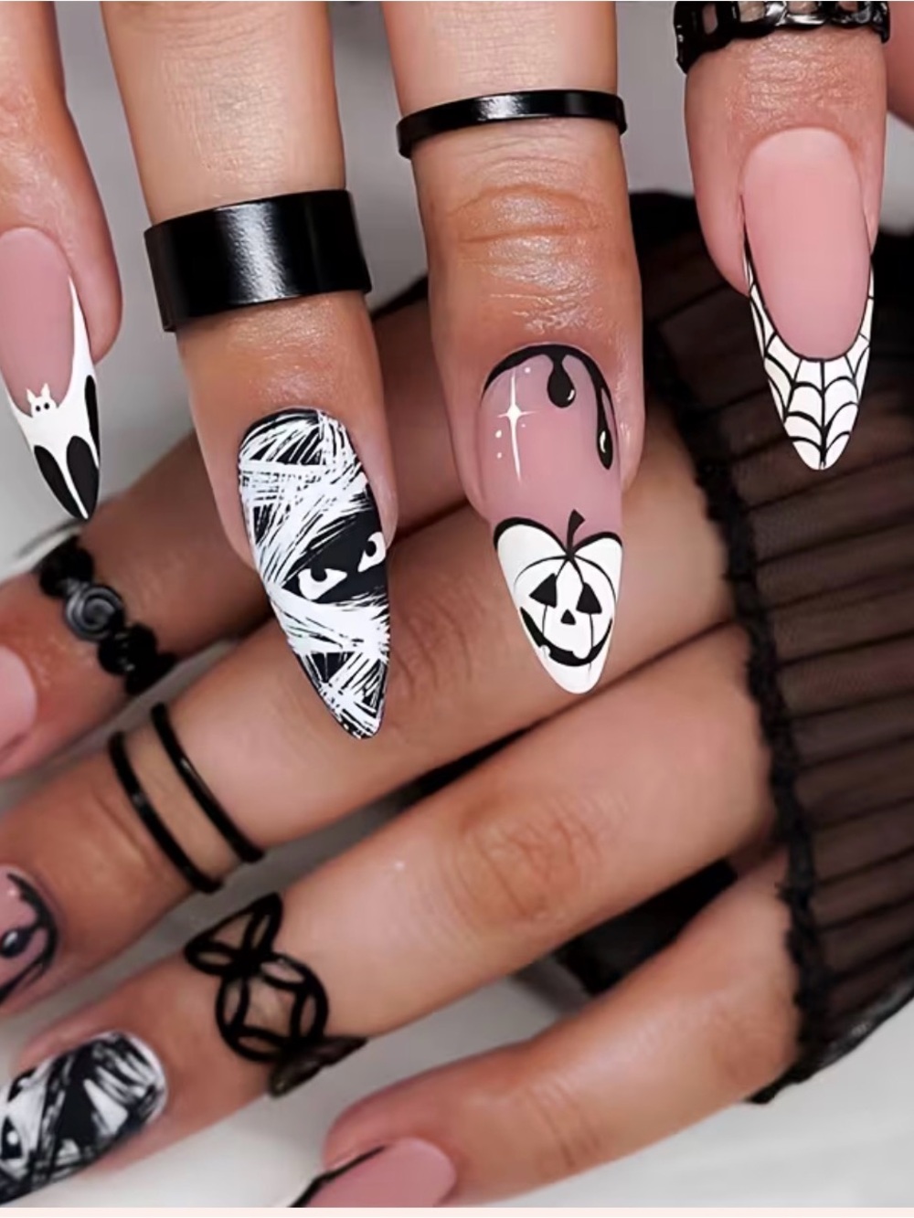 Black & Pink Halloween Press On Nails